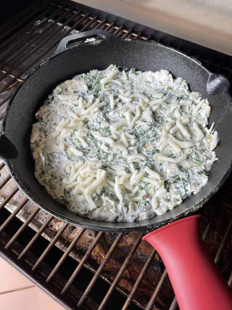 Place the Pan of Spinach Dip onto a Preheated Rec Teq Smoker Grill.