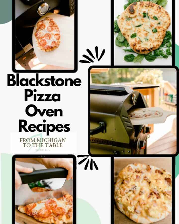 Blackstone Pizza Recipes - Pepperoni Pizza, Chicken Alfredo Pizza, Placing a pizza in the pizza oven, Breakfast Pizza, and cutting a pizza with a pizza rocker.