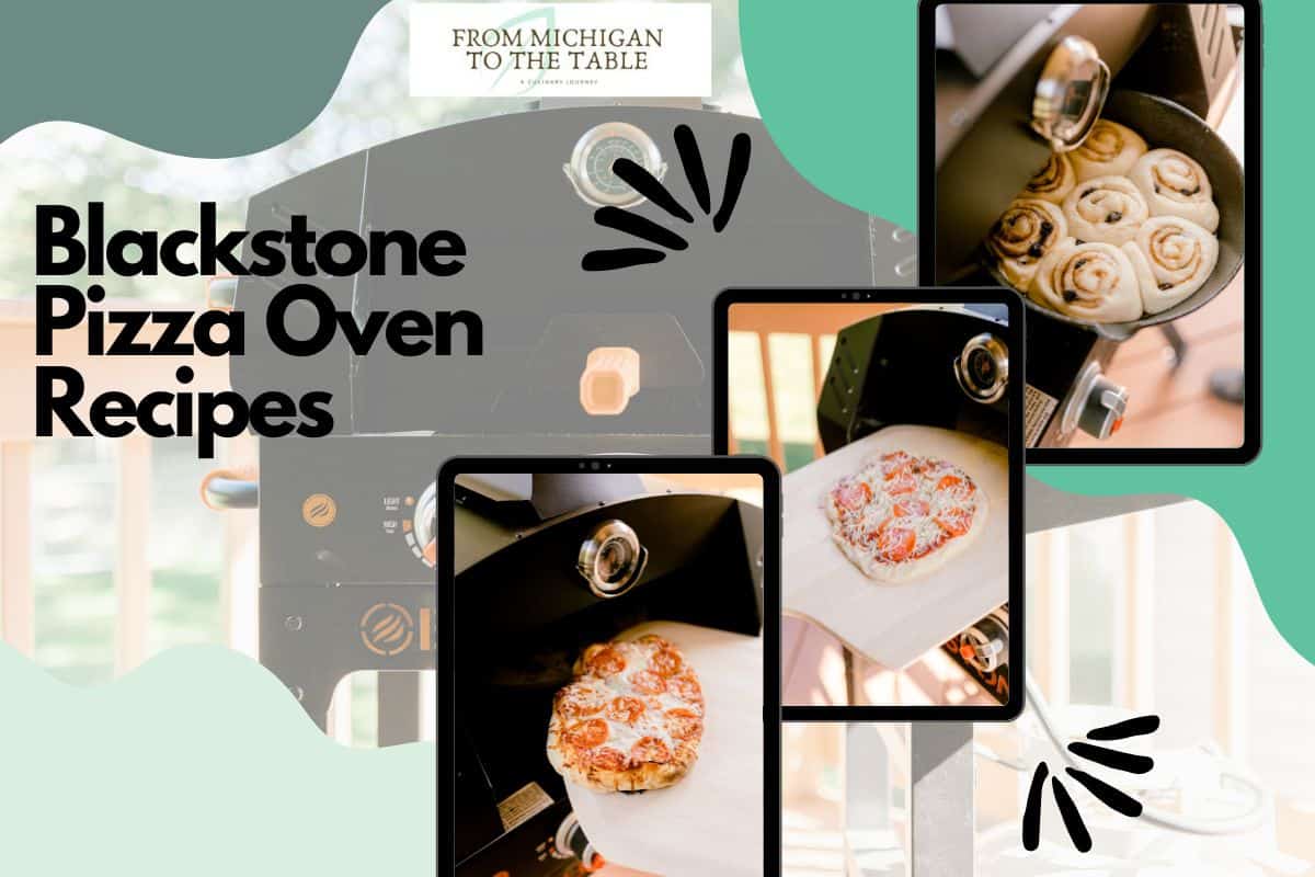 Blackstone Pizza Oven Recipes - Placing a Pepperoni Pizza in and out of the oven, cinnamon rolls, and a picture of the pizza oven in the background.  