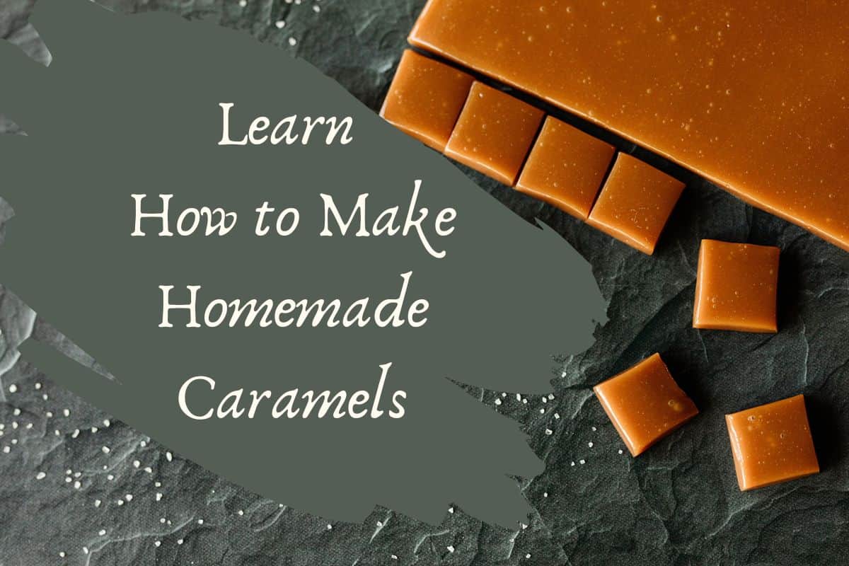Square pieces and a large piece of homemade caramel on a board.