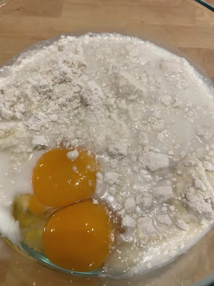 Bisquick Mix, Eggs, and Milk in a Mixing Bowl.