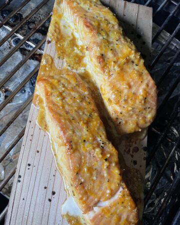 Pellet Grilled Cedar Planked Salmon with Orange Glaze.