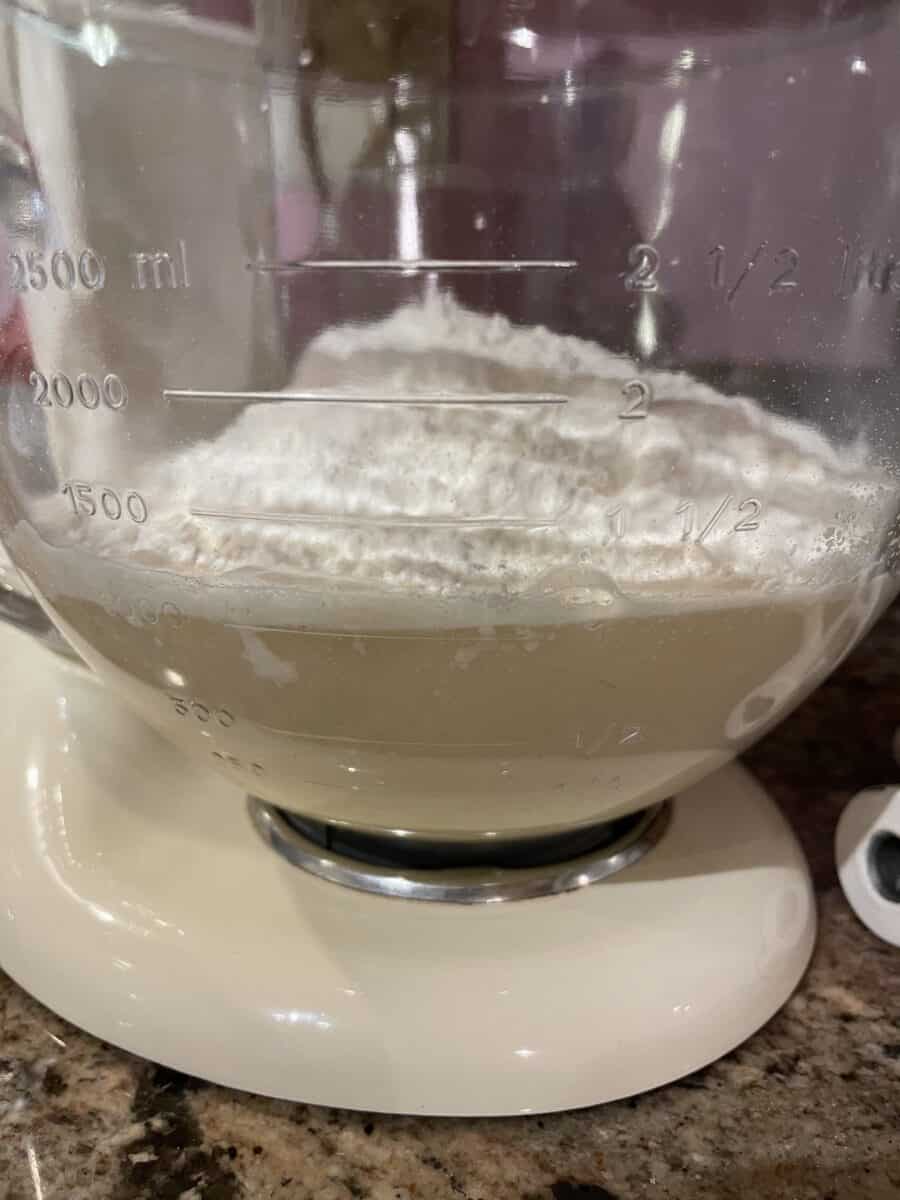 Yeast and Flour Mixtures in a Mixing Bowl of a Stand Mixer.