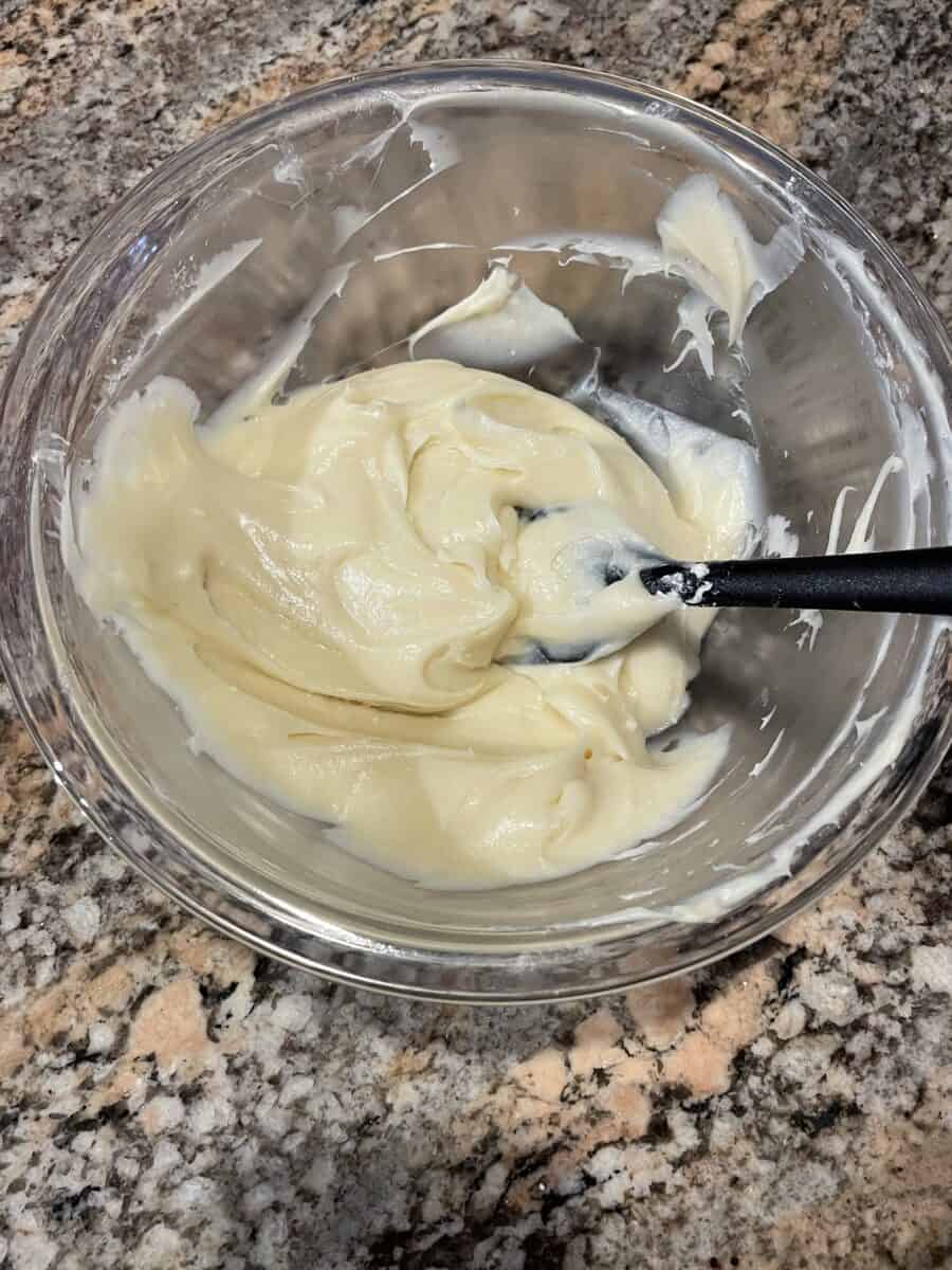 Cream Cheese Frosting in a Mixing Bowl for a Fruit Pizza.