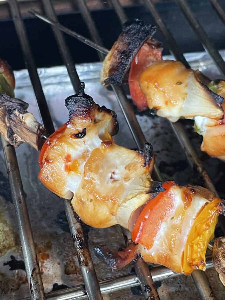 Fully Cooked Chicken and Veggie Smoked Kabobs on a Pellet Smoker.