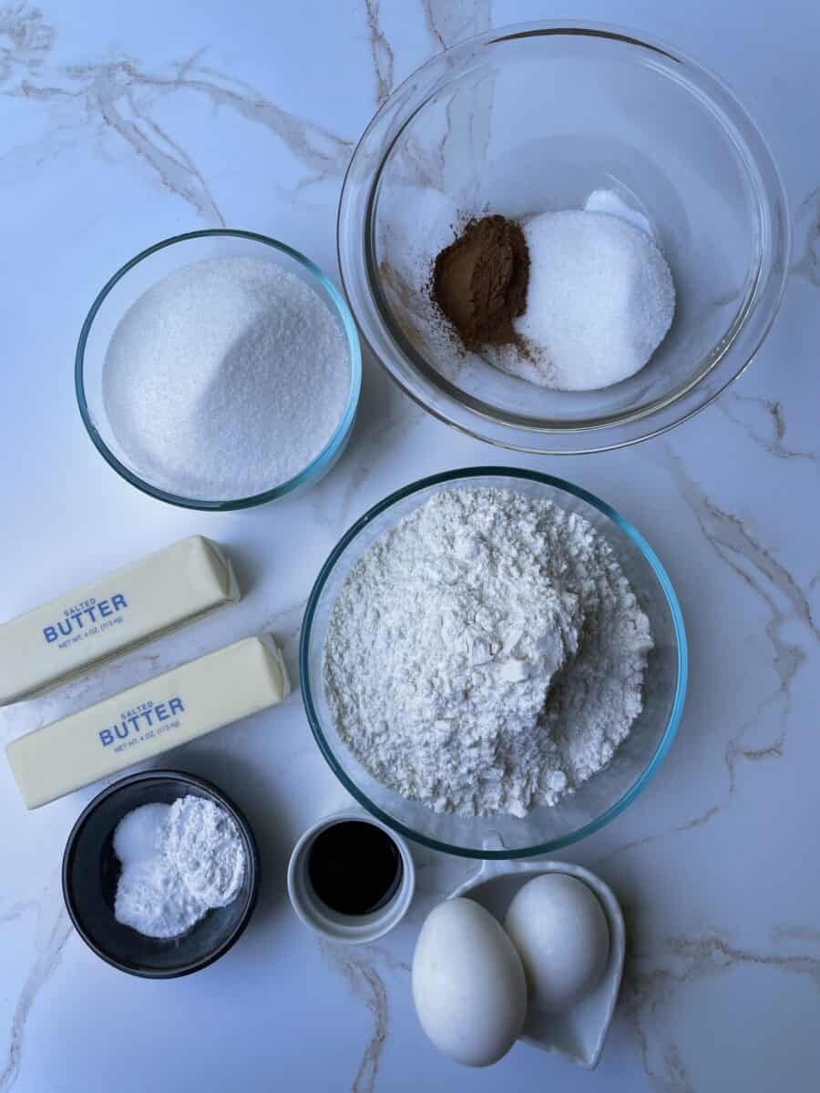 Snickerdoodle Cookie Ingredients: Flour, butter, sugar, cinnamon, cream of tartar, baking soda, salt, eggs, and vanilla.  