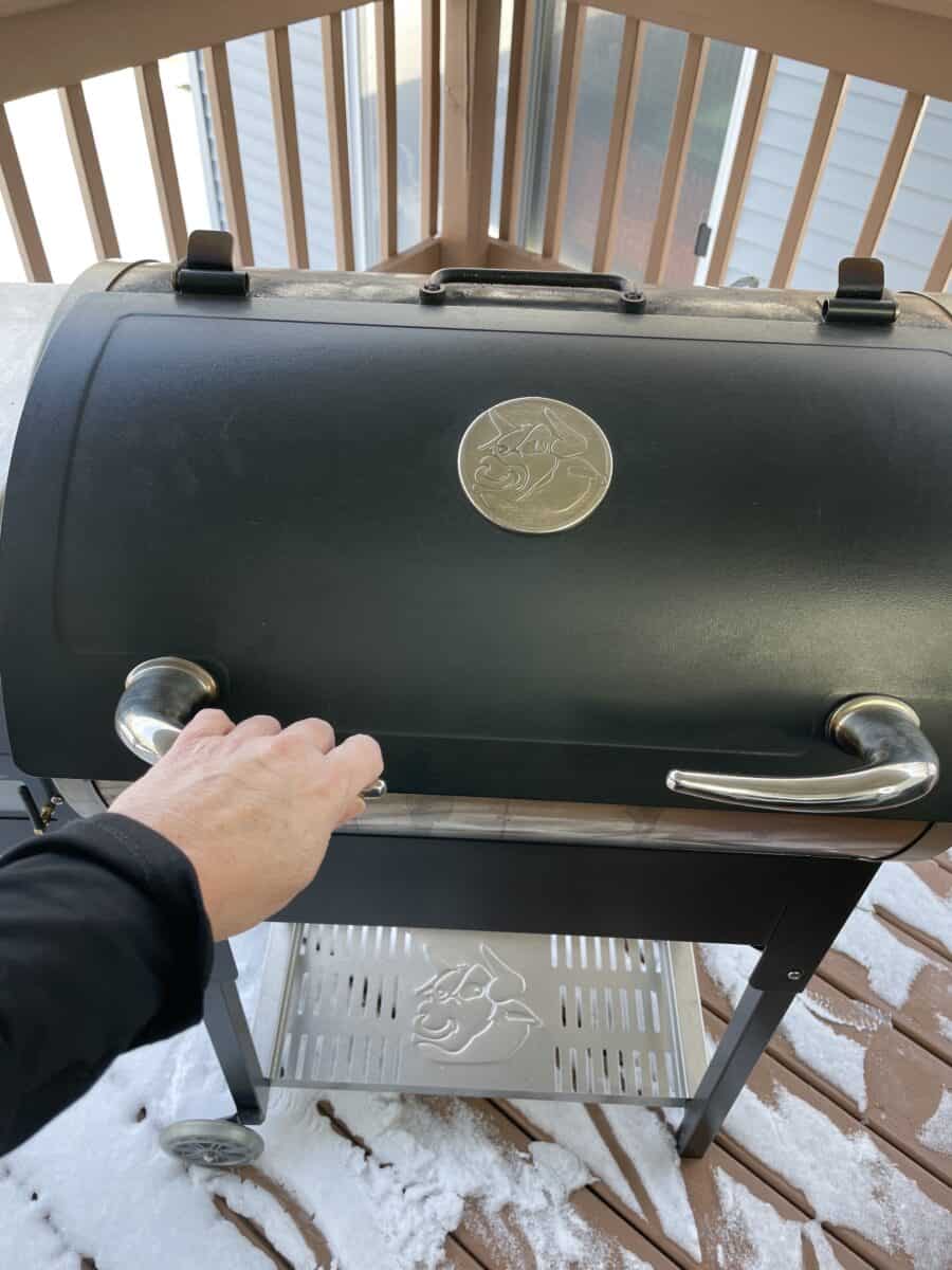 Signature Recteq Feature with a Bull Head and Bull Horns for the Handles of a Recteq Grill.