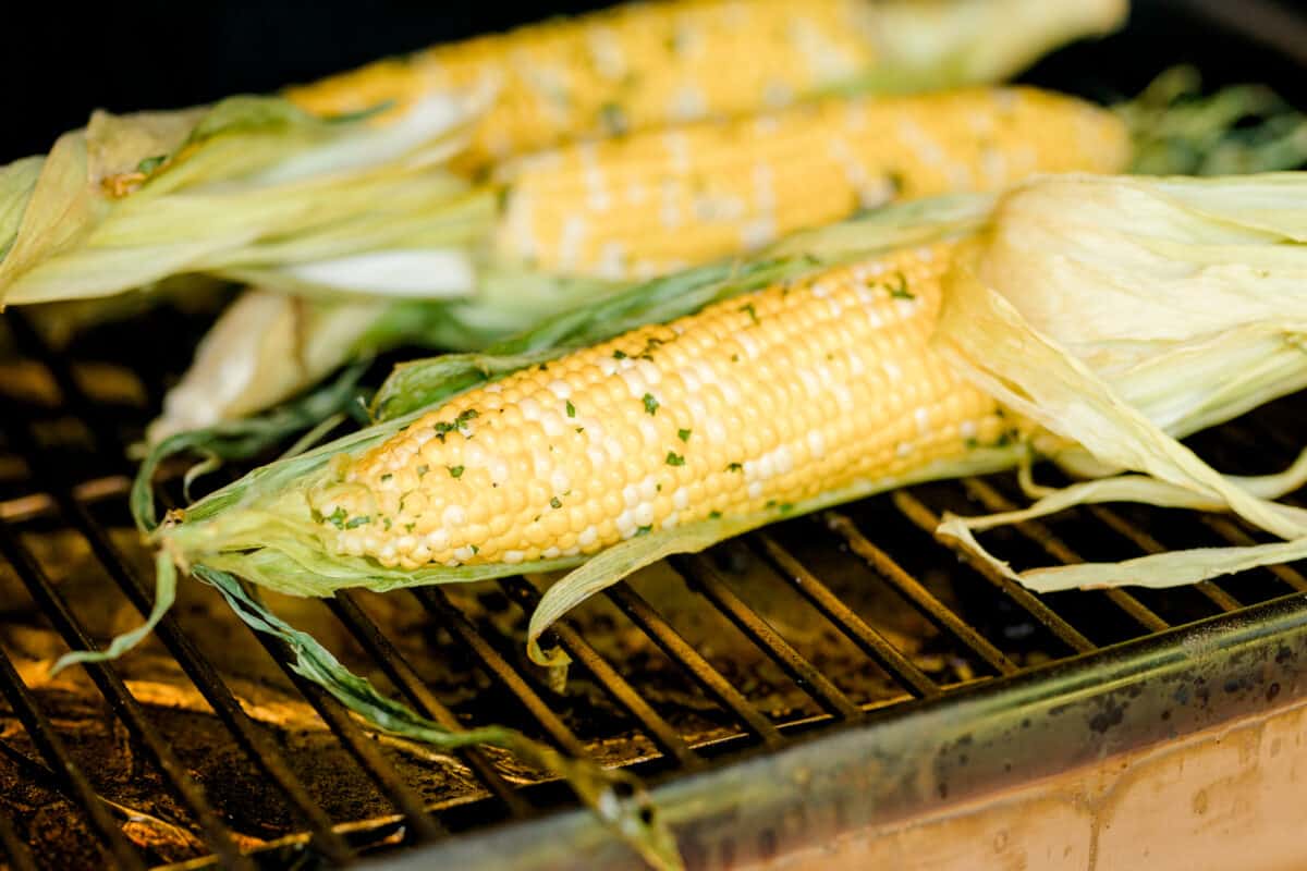 A Pellet Grill with Smoker Corn on the Cob.