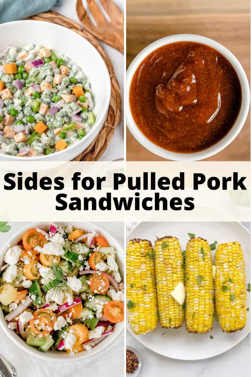 Pulled Pork Sandwich Sides: Pea Salad, BBQ Sauce, Cucumber Tomato Onion Salad, and Air Fryer Corn on the Cob.