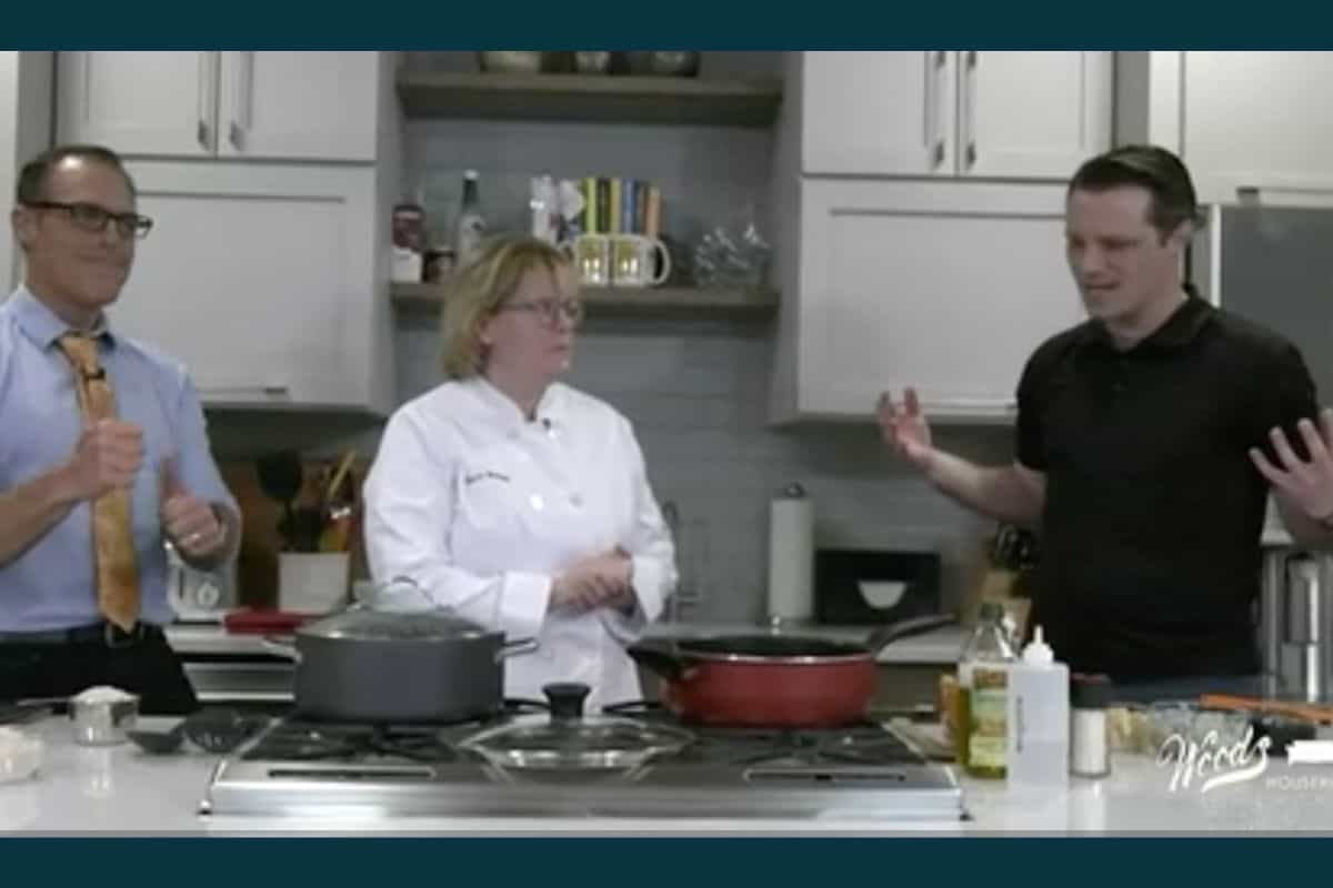 Chef Sherry Ronning, Adam Bartelmay, and Eric cooking shrimp stir fry and Mac-n-Cheese on the Blackstone Electric Griddle on the 9 & 10 News.