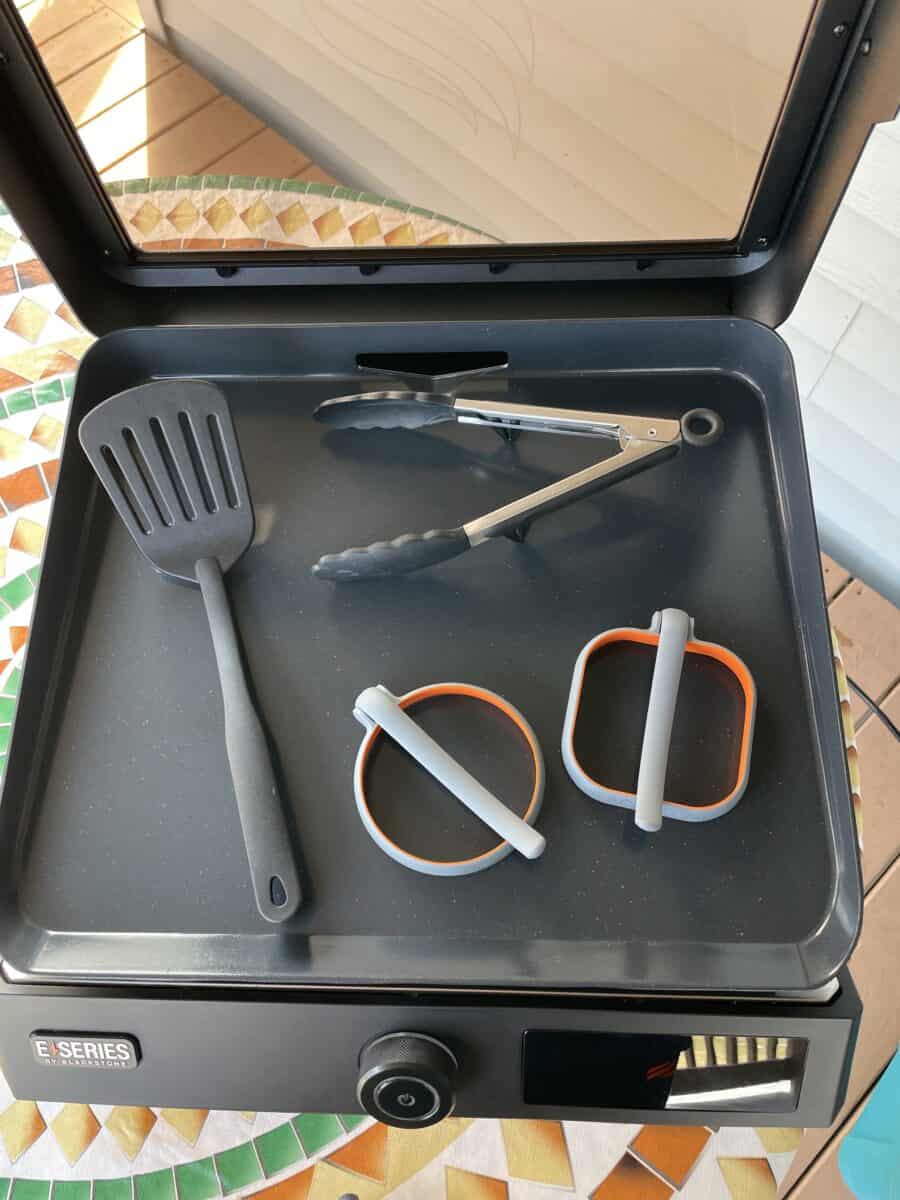 Blackstone Electric Griddle with Accessories: Silicone Tongs, Egg Rings, Spatula, and 17 inch Electric Blackstone Griddle.
