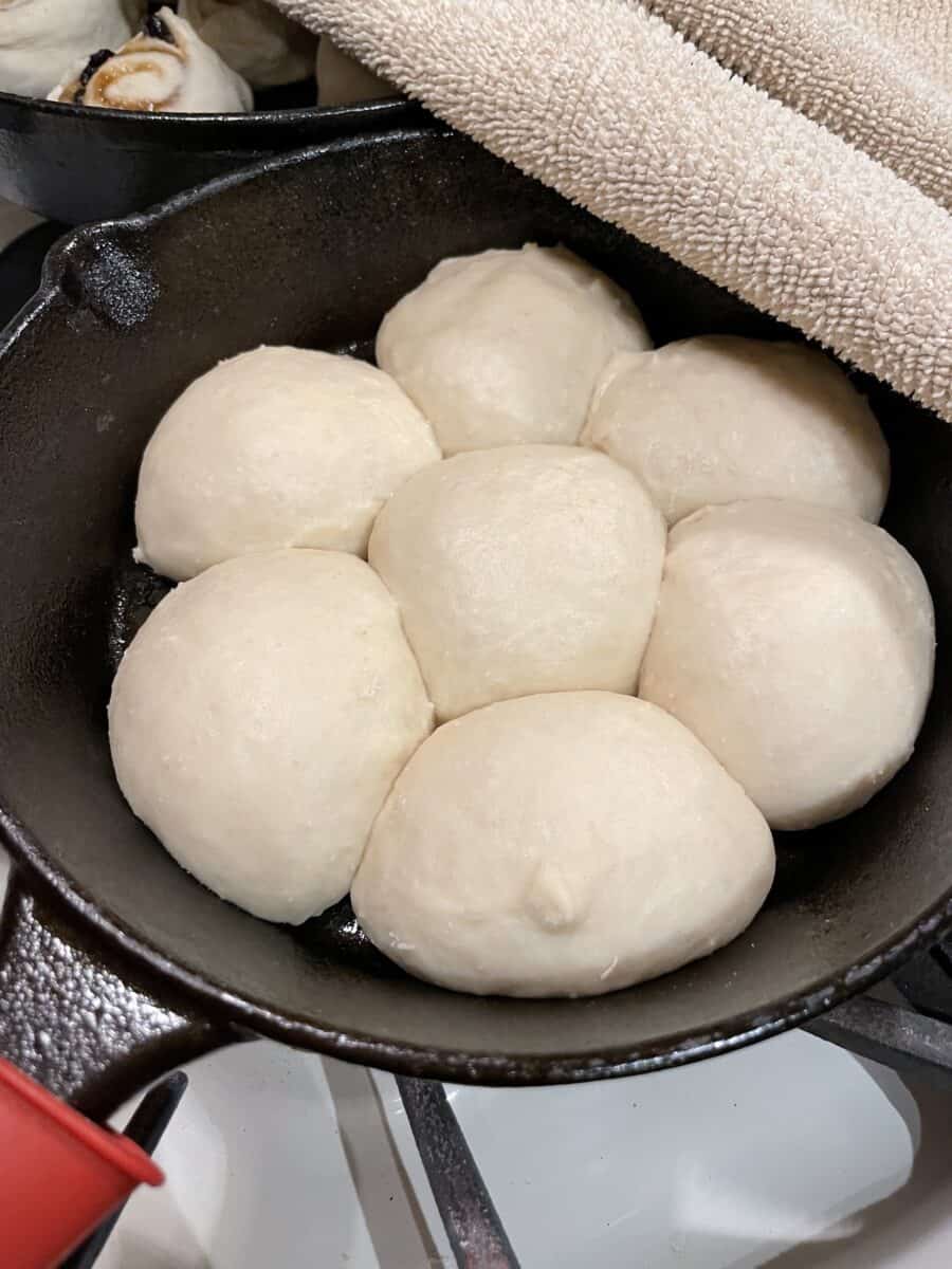 Proofing the Dough Balls in the Cast Iron Pan Before Baking.