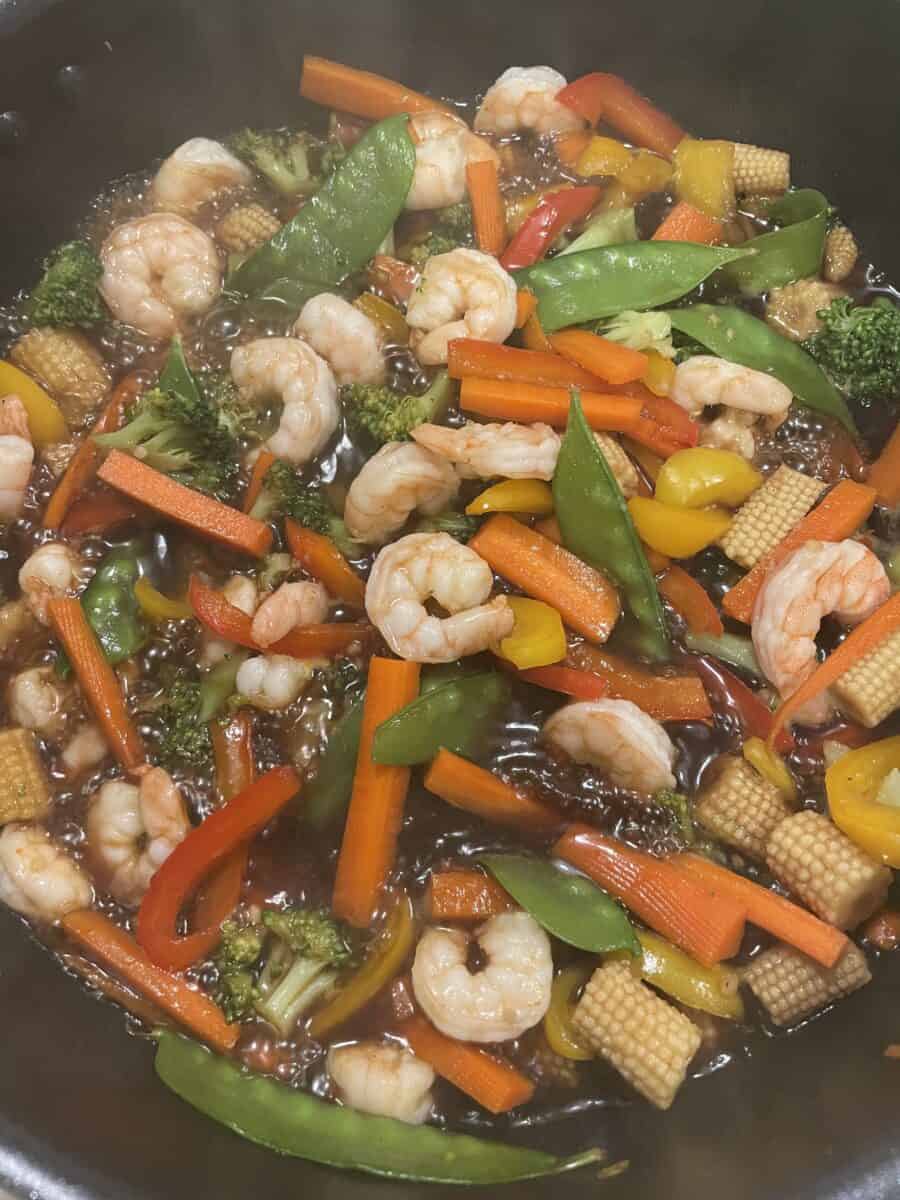 Simmering Shrimp Stir Fry in a Pan.