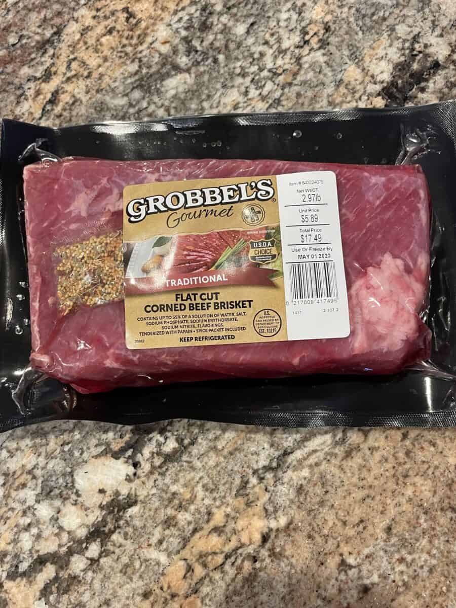 Corned Beef Brisket in a Sealed Package along with a Seasoning Packet.