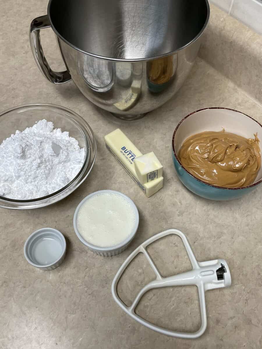Frosting Ingredients: Peanut Butter, Powdered Sugar, Butter, Heavy Cream, and Vanilla.