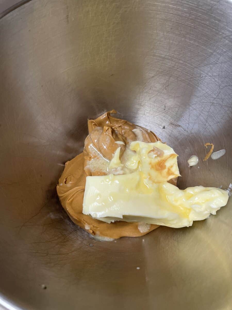 Adding the Softened Butter and Creamy Peanut Butter to the Mixing Bowl.