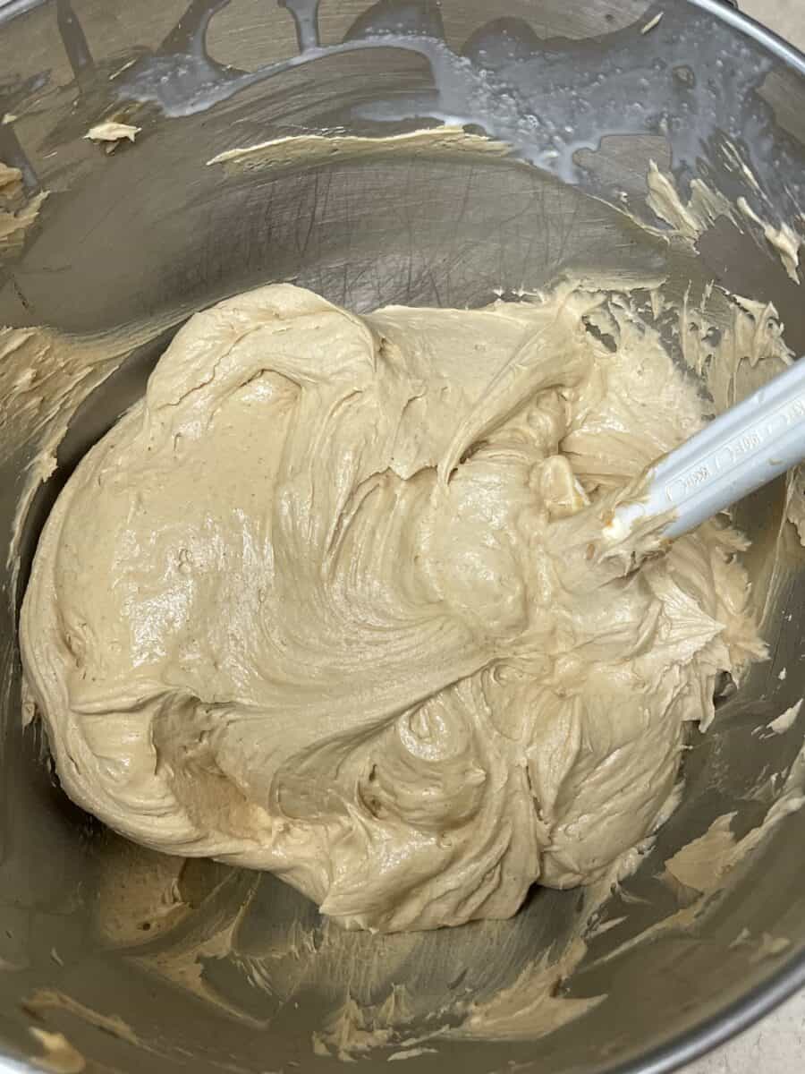 Whipped Peanut Butter Frosting in a Mixing Bowl.