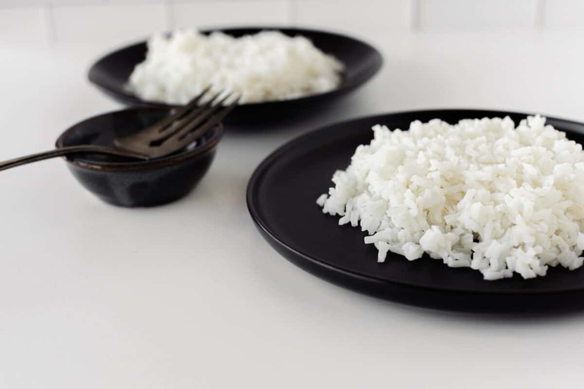 Fluffy Long Grain White Rice on Two Black Plates with a side bowl.