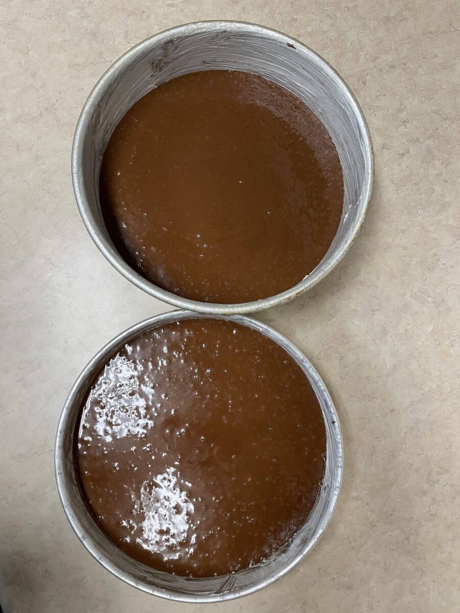 Chocolate Cake Batter in Two Round Cake Pans.