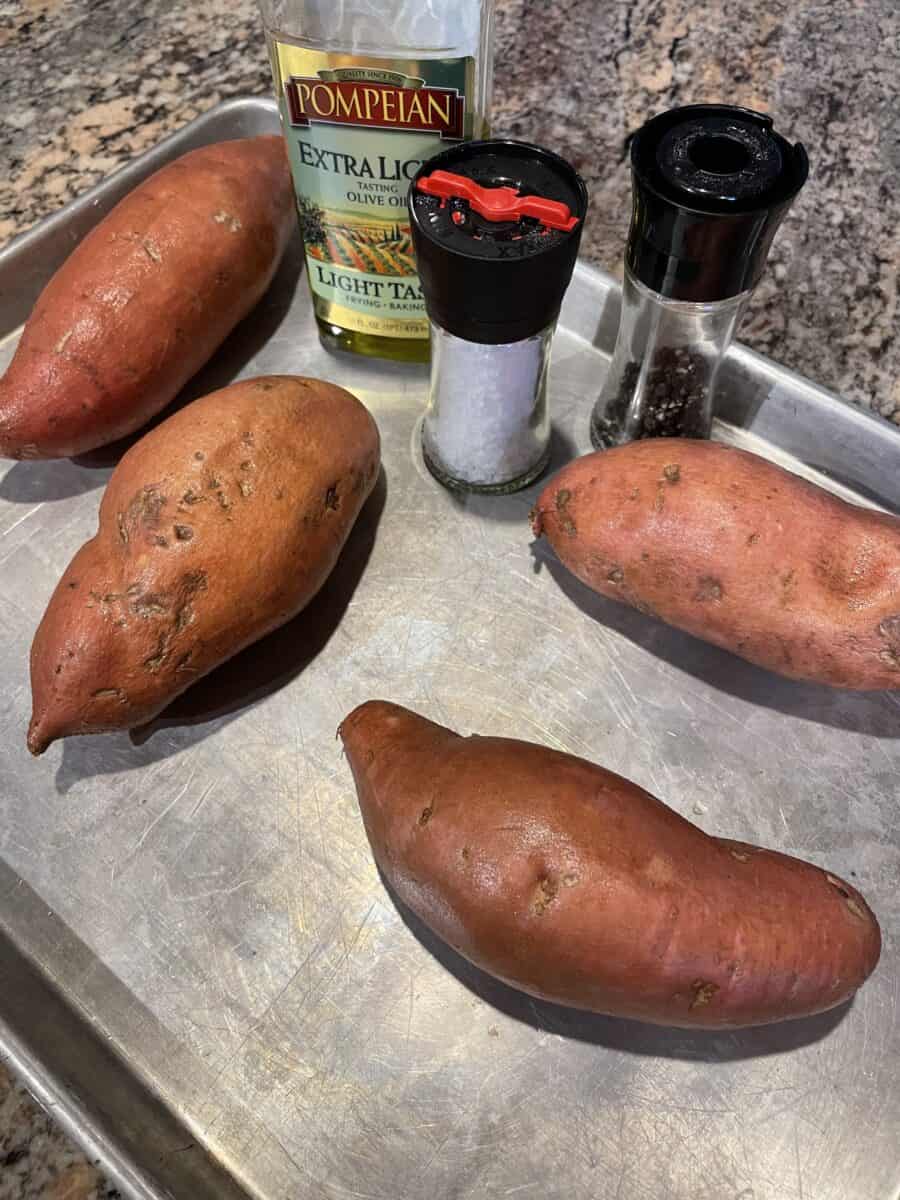 Smoked Sweet Potatoes Ingredients - Sweet Potatoes, Olive Oil, Salt, and Pepper.
