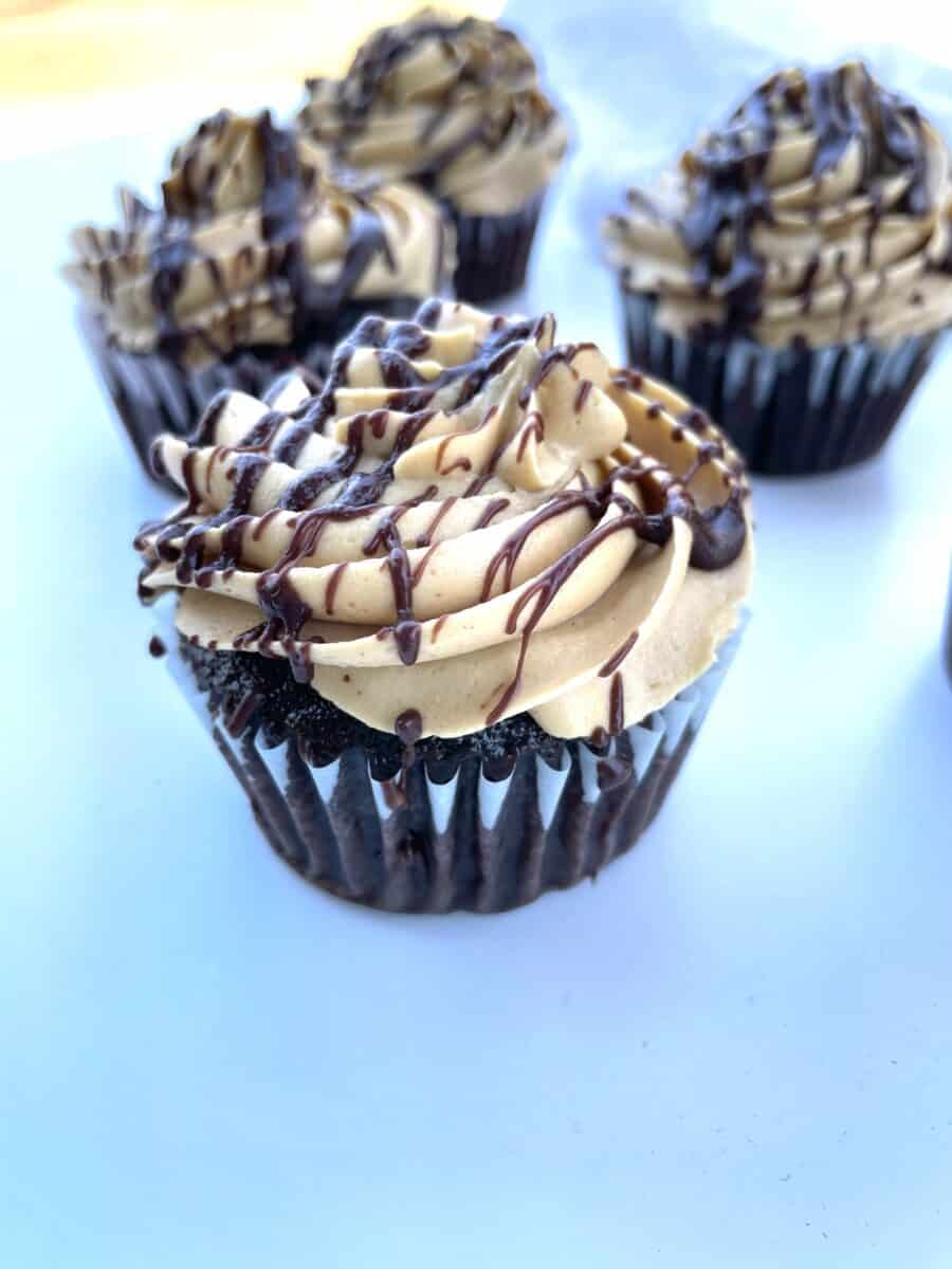 Crazy Cake Cupcakes topped with Peanut Butter Frosting and Ganache.