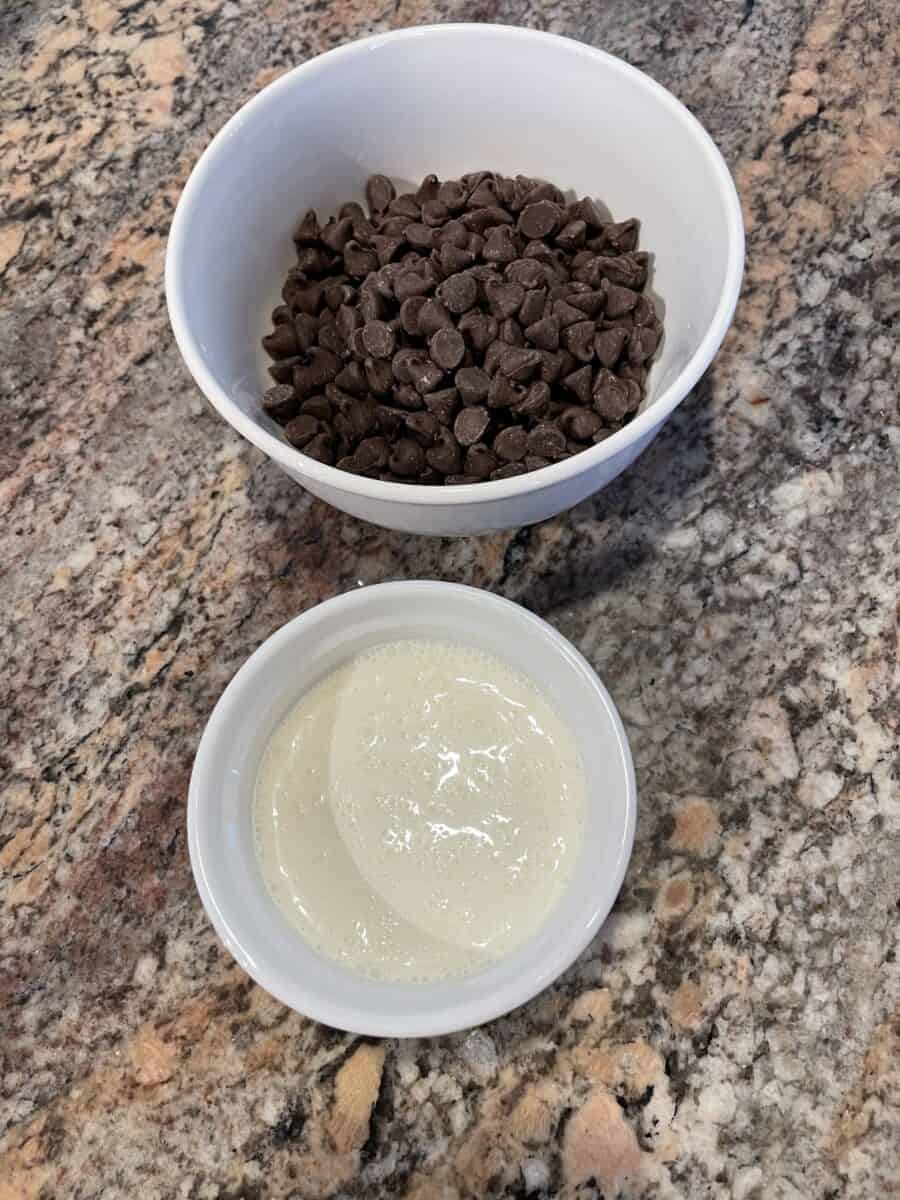 Chocolate Ganache Ingredients: Heavy Whipping Cream and Semi-Sweet Chocolate Chips.