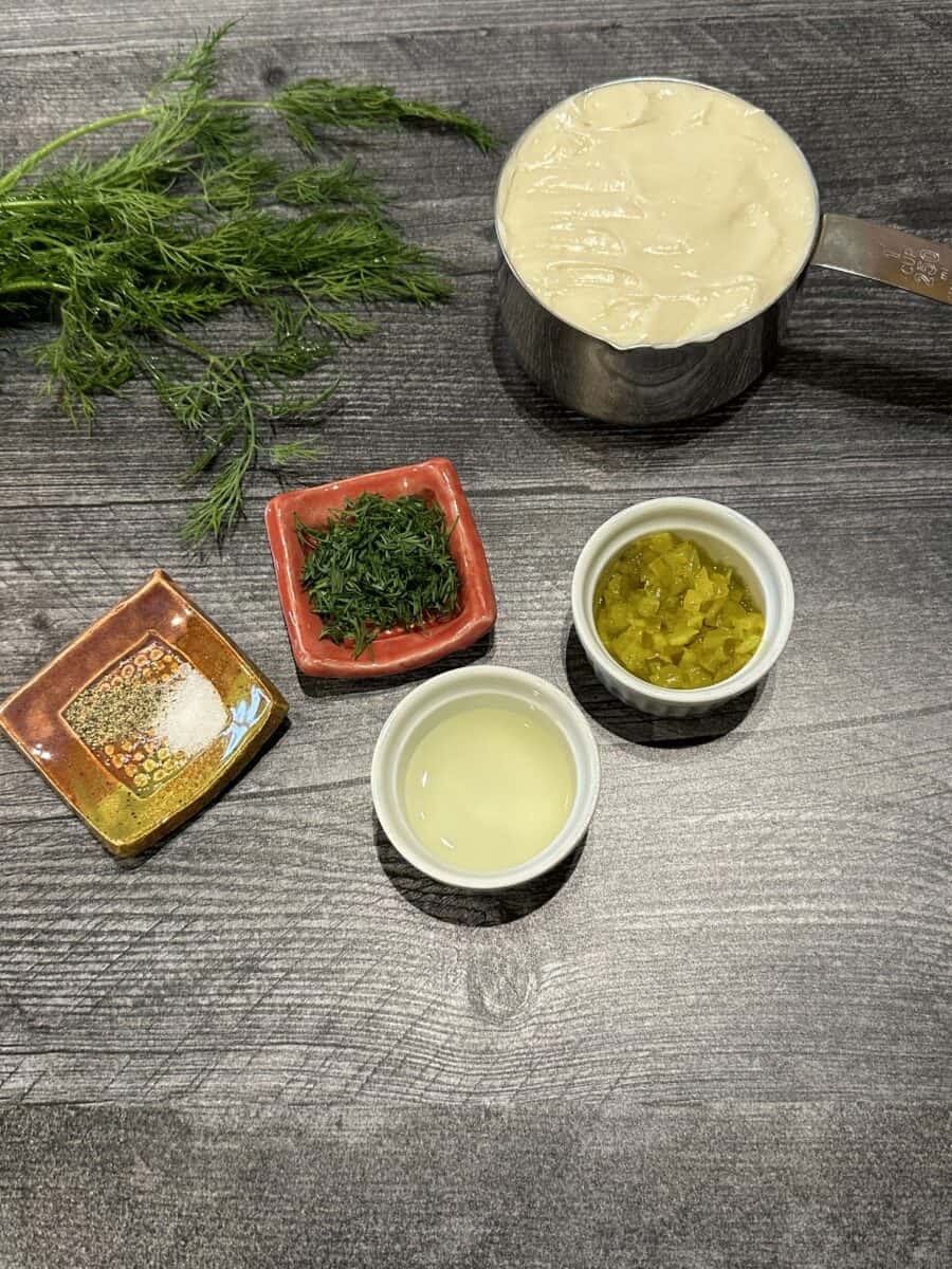 Tartar Sauce Ingredients: Mayo, Dill Pickle Relish, Lemon Juice, Fresh Dill, and Seasoning. 