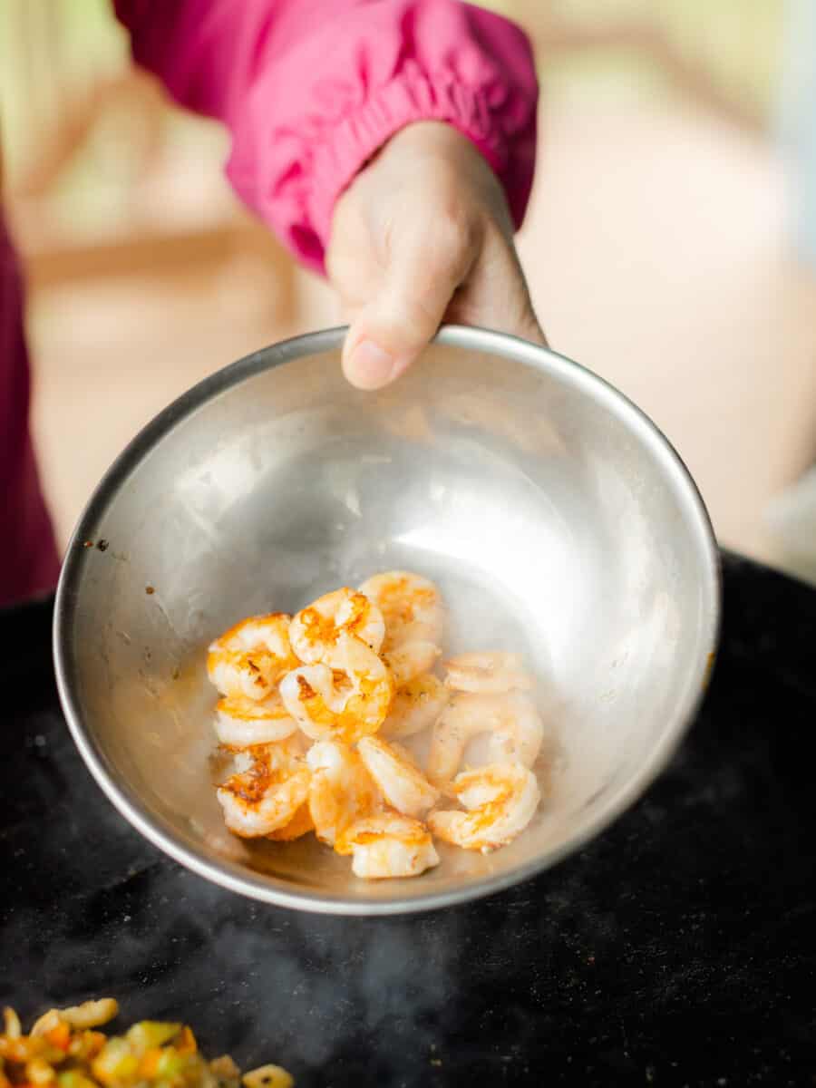Sautéed Shrimp in a Small Metal Bowl.