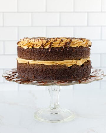 Round 2 Layer Chocolate Cake with Peanut Butter Frosting on a Glass Stand.