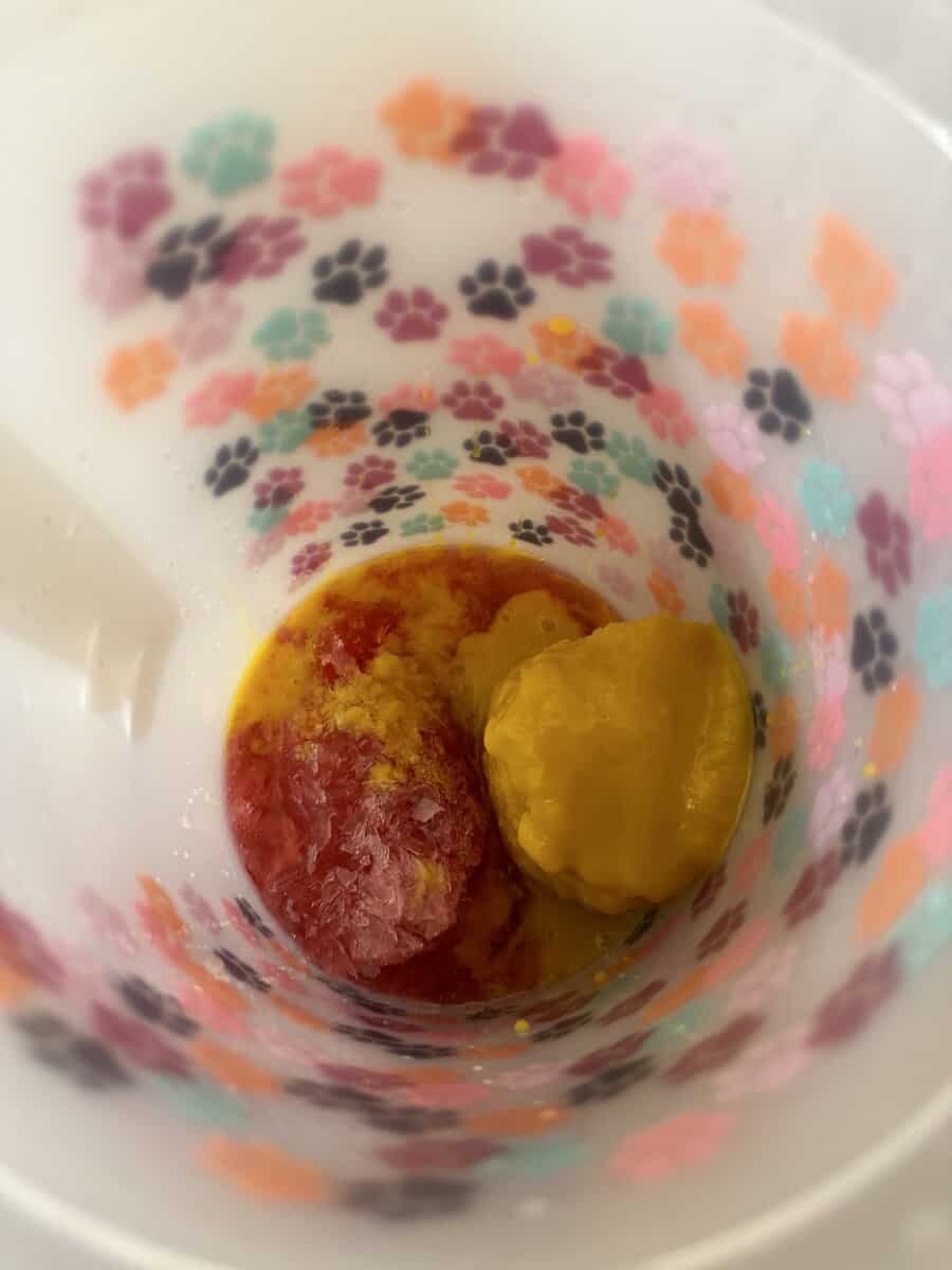Frozen Concentrate (Raspberry Lemonade & Orange Juice) in a Gallon Pitcher.