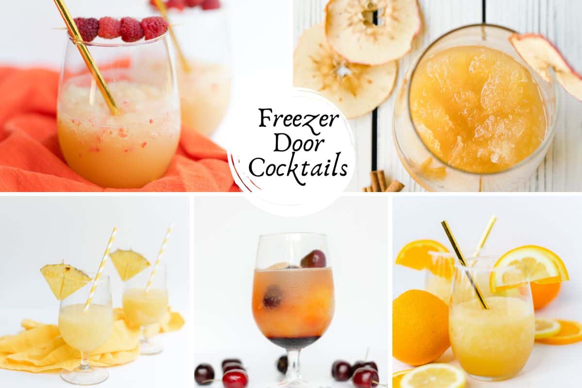 An Assortment of Freezer Door Cocktail Recipes: Whiskey Slush, Pineapple Slush, Wine Slush, Apple Cider Slush, and Raspberry Slush