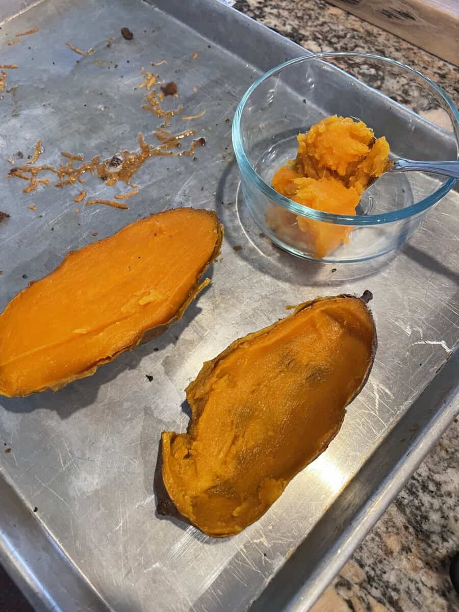 Removing the Filling from the Sweet Potato Flesh.
