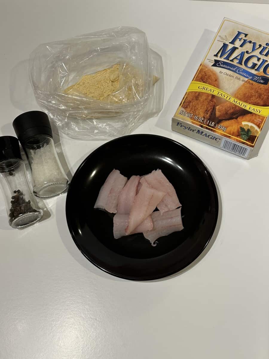 Frying Walleye Ingredients:  Fish Fillets, Salt, Pepper, and Fryin' Magic Mix
