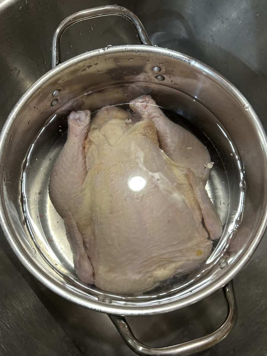 Raw Whole Chicken Sitting in a Salt Brine