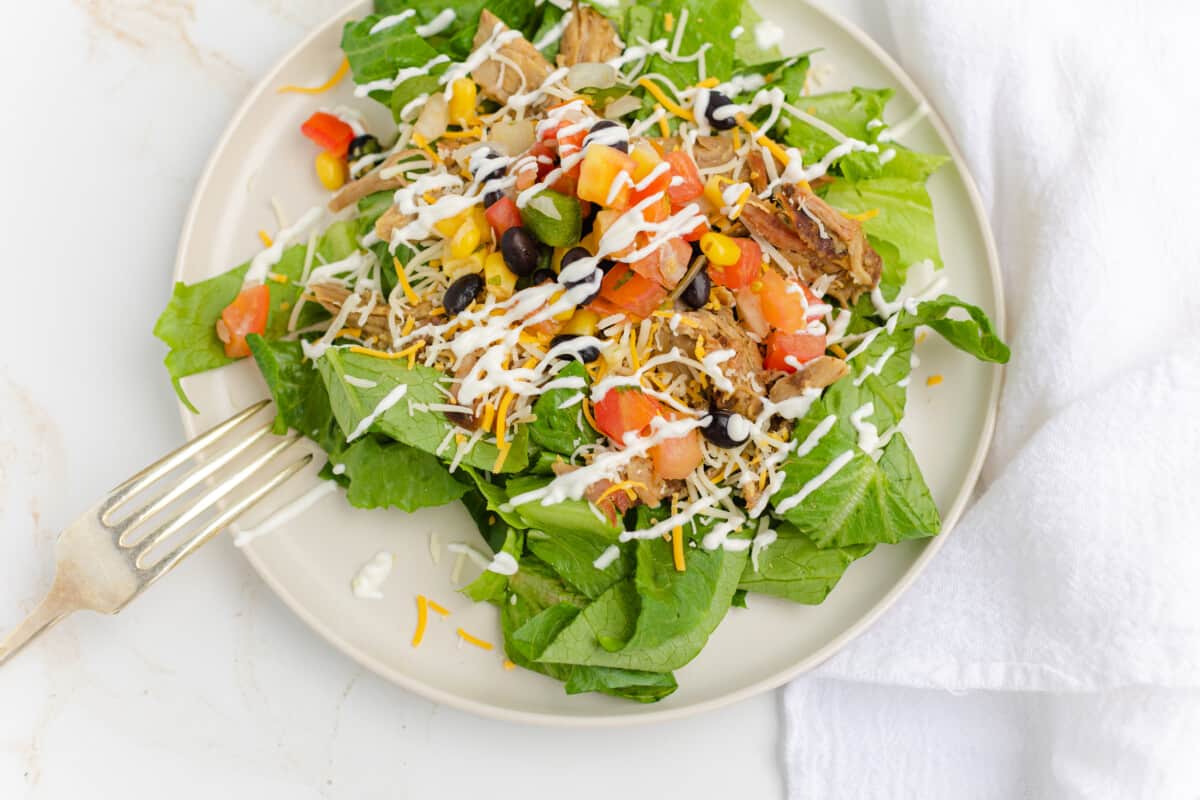 Salad with Pulled Pork, Shredded Cheese, Corn Salsa, and a drizzle of dressing.