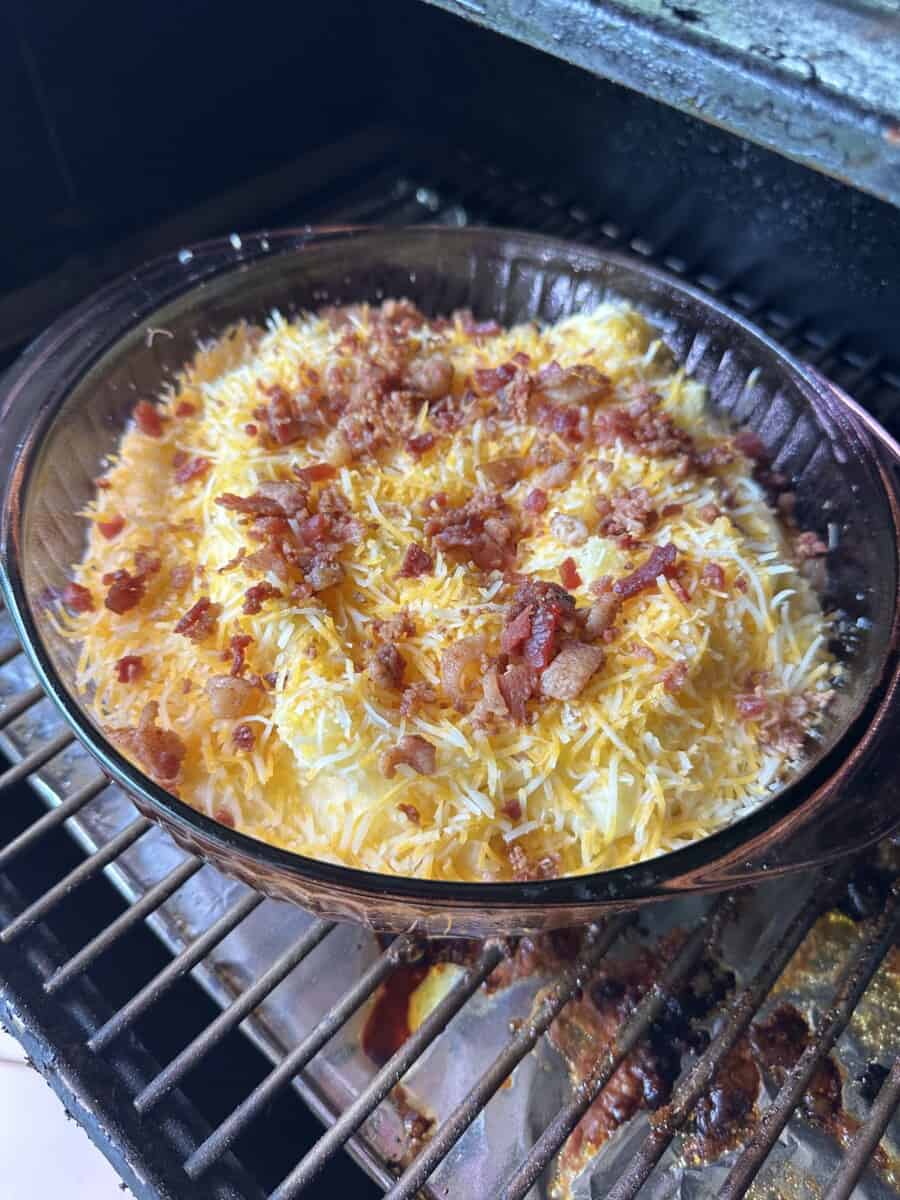 Unbaked Loaded Mashed Potatoes on a Smoker Grill