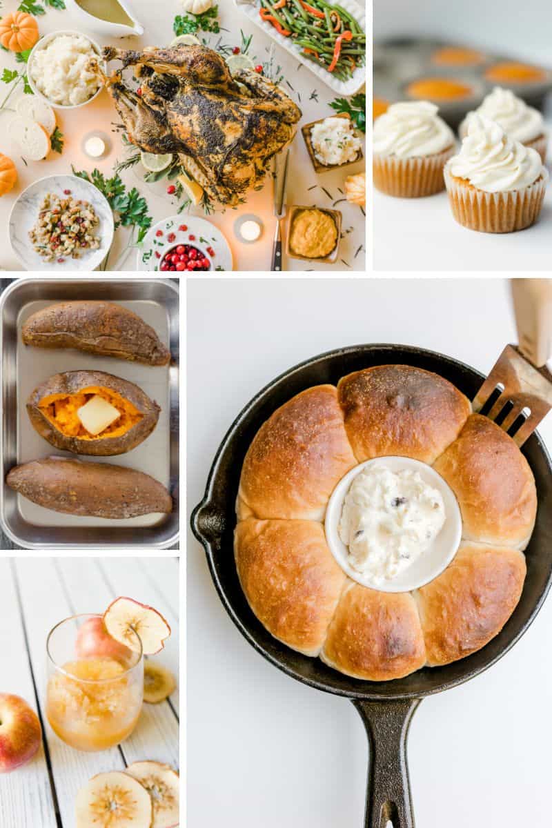 Thanksgiving Recipes - turkey, rolls, sweet potatoes, apple cider slush, and pumpkin cupcakes.