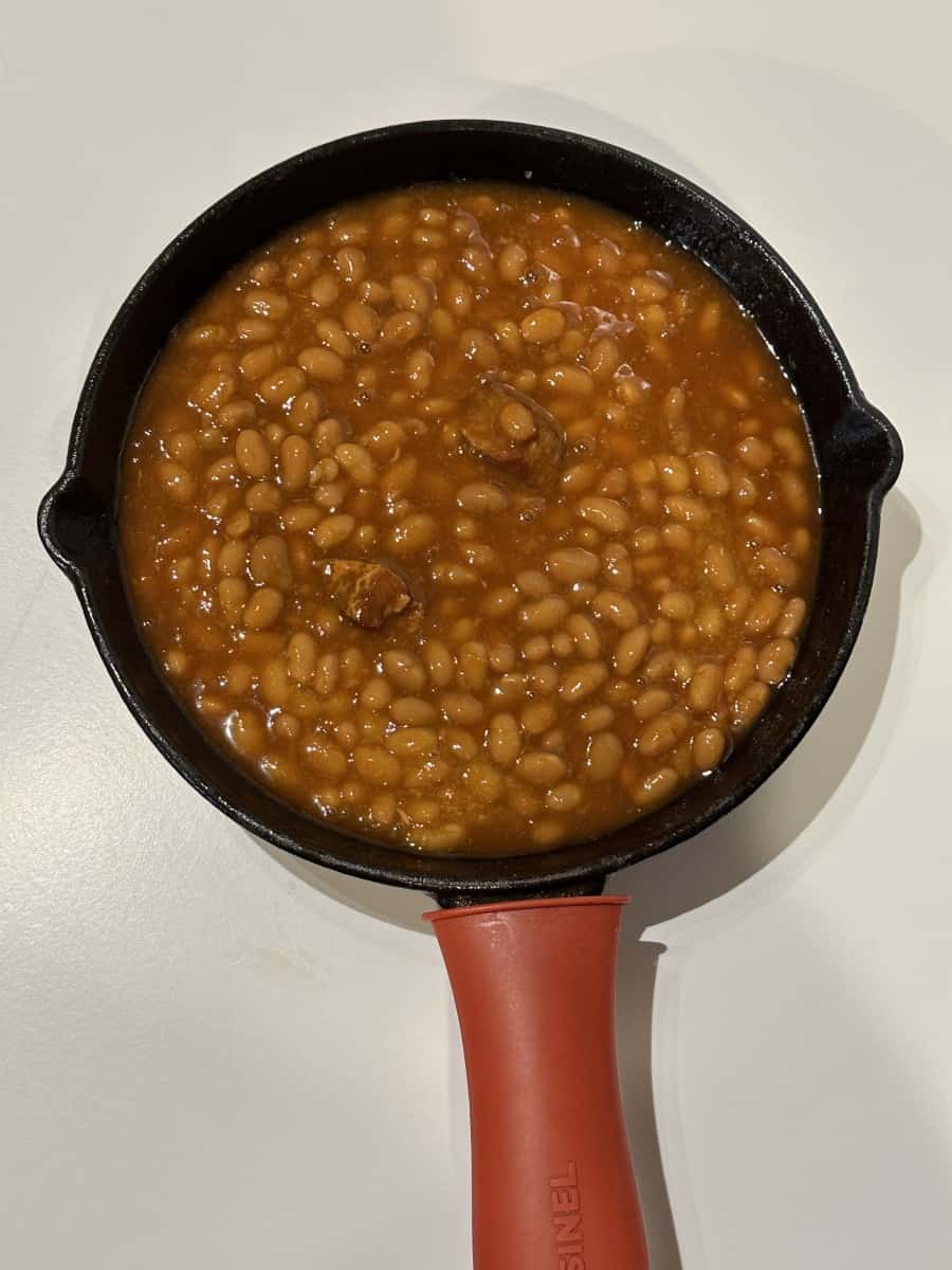 Prepared Baked Bean Mixture in a Cast Iron Pan