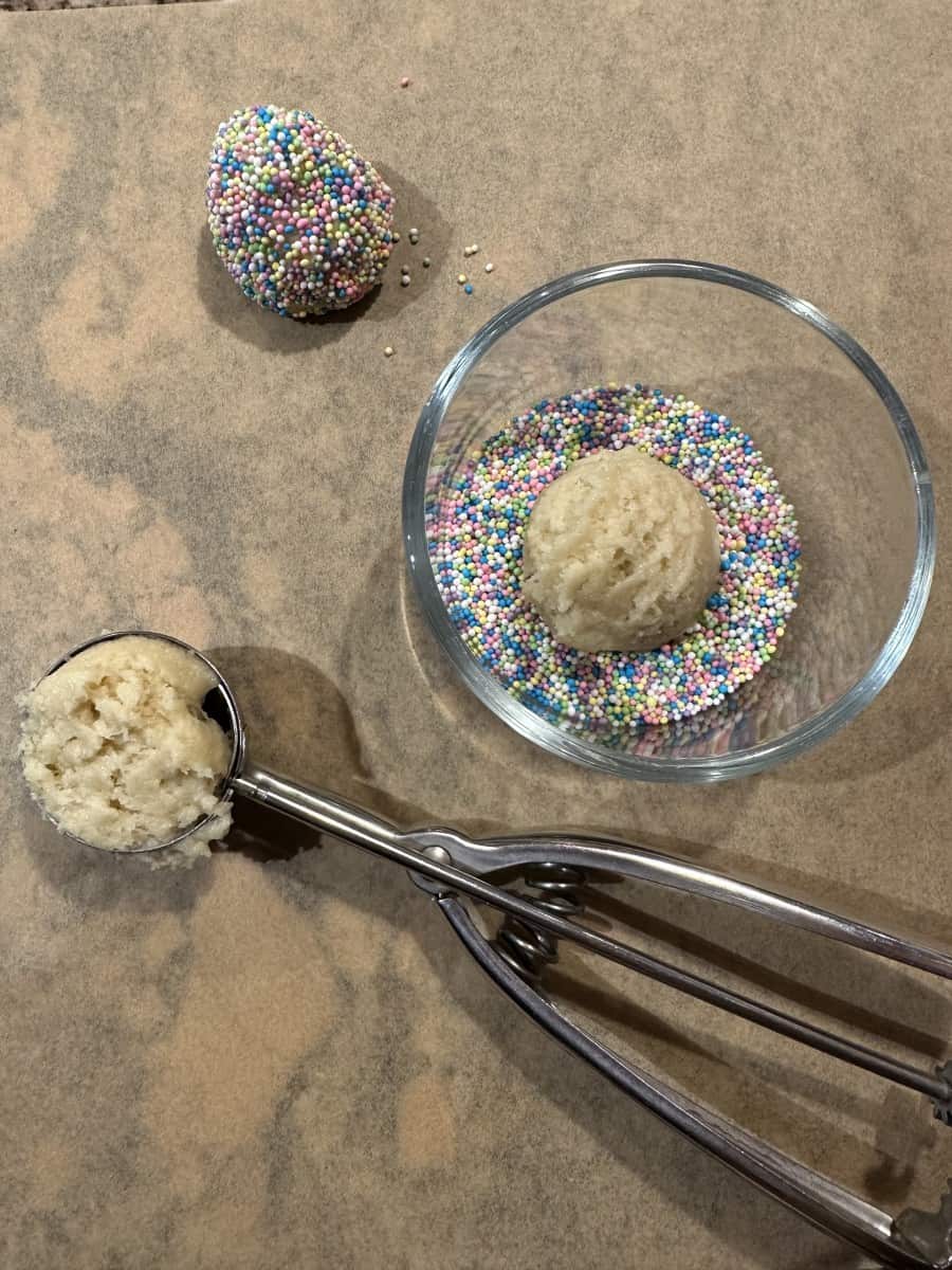 Portioning out the Cookie Dough and Dipping the Dough Balls in Pastel Nonpareils.