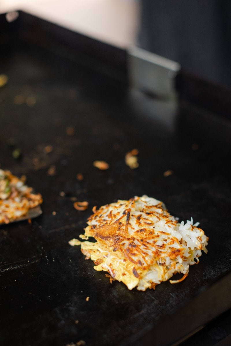 A Folded Hash Brown Omelette on a Blackstone Griddle