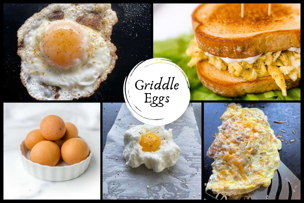 Griddle Eggs - Fried Egg, Scrambled Egg Sandwich, a Bowl of Fresh Eggs, Cloud Egg, and an Omelette
