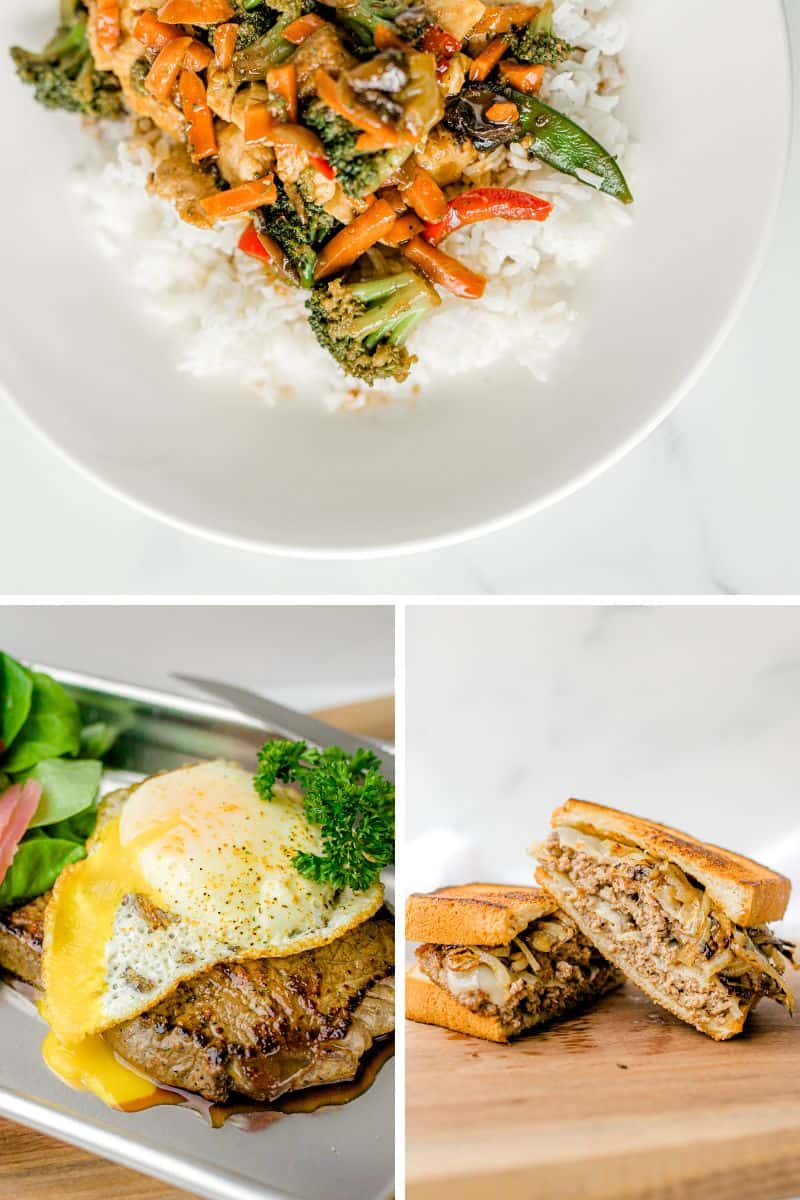 Blackstone Dinner Recipes - Stir Fry with Rice, Steak and Egg, and Patty Melt
