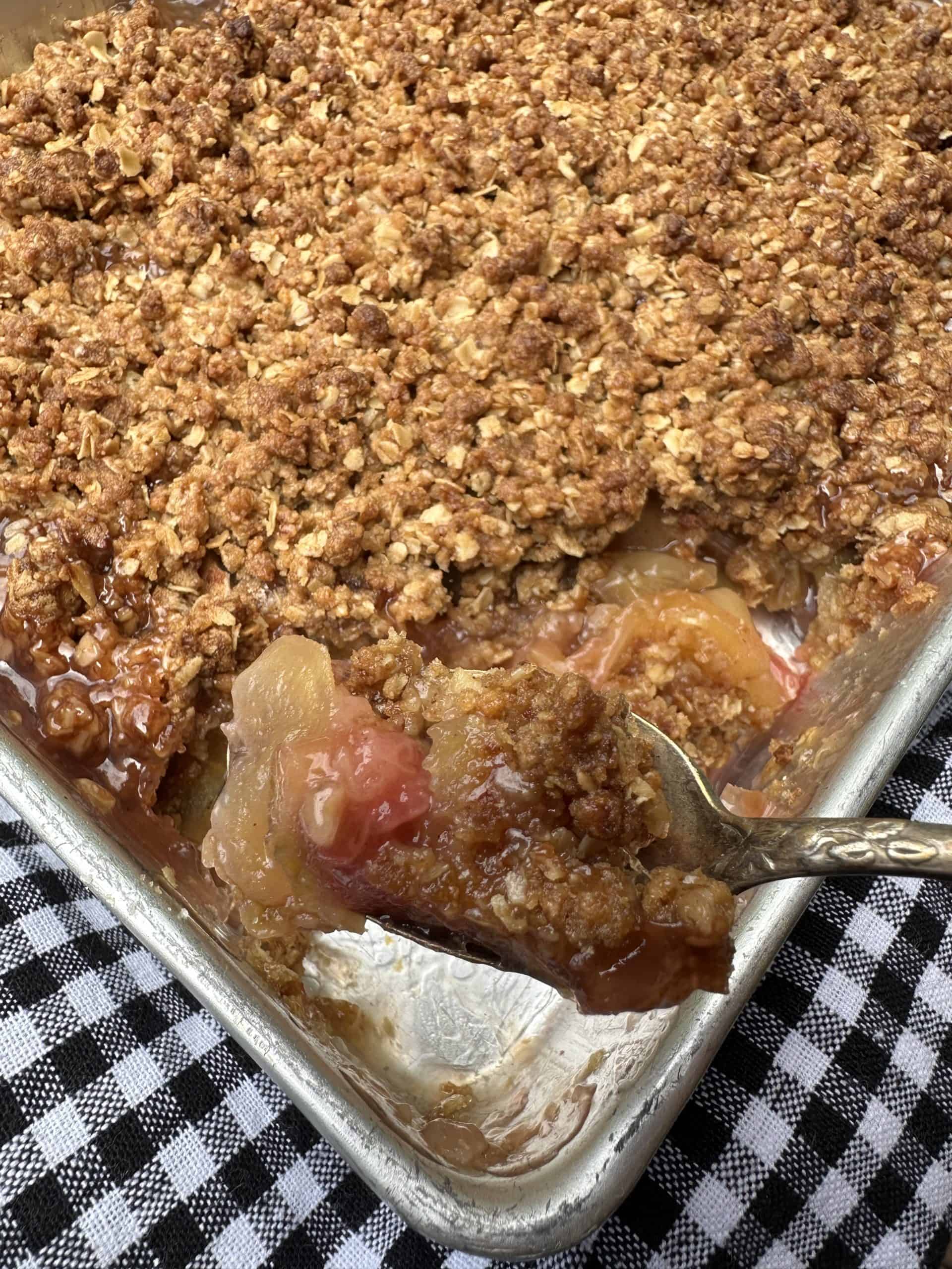 A Spoonful of the Freshly Baked Fruit Crisp Recipe with the full pan in the background.