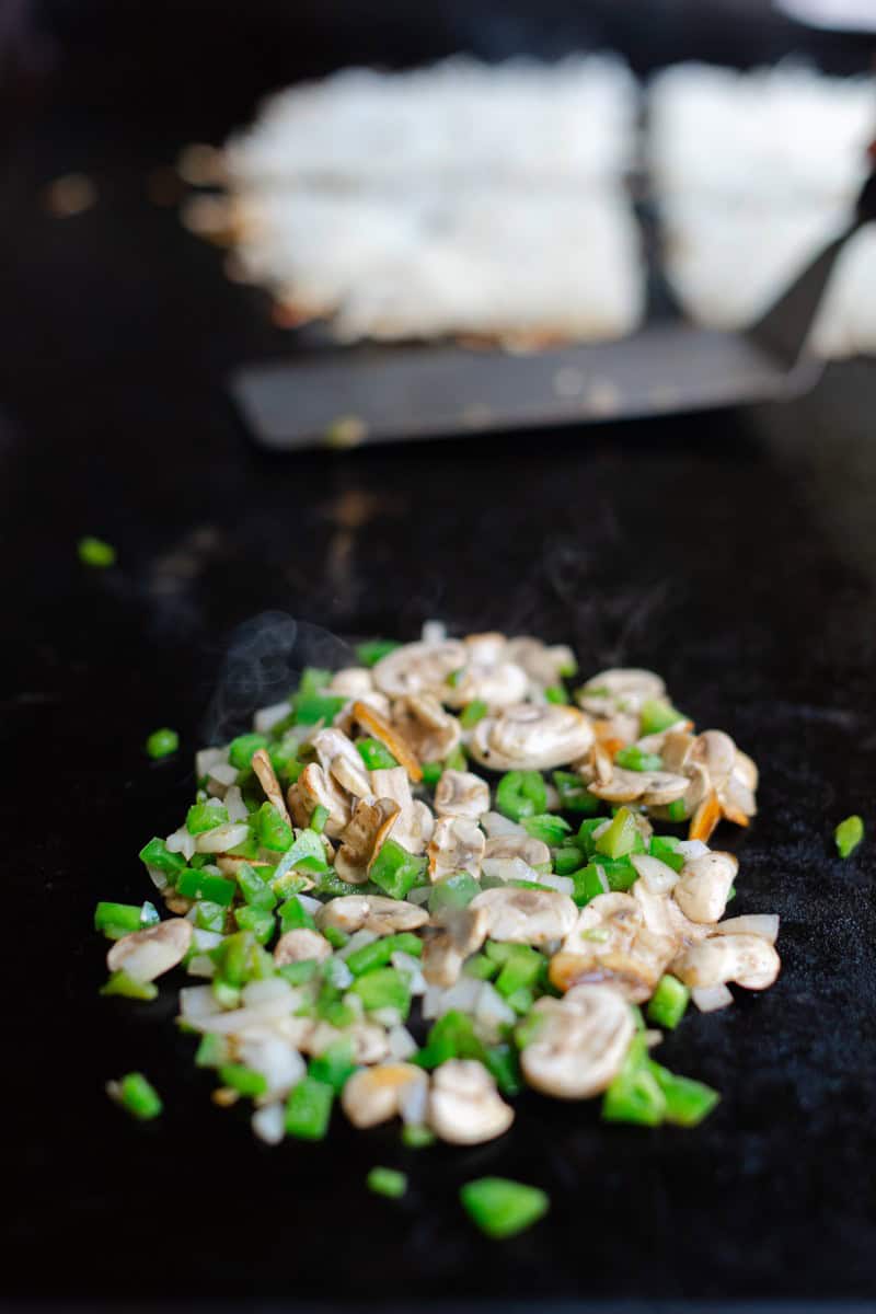 Caramelizing Onions, Peppers, and Mushrooms on a Griddle