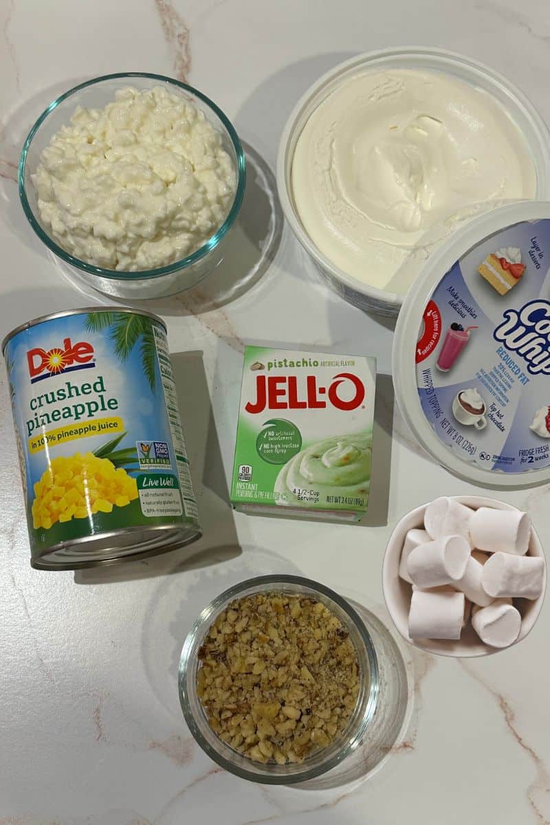 Watergate Salad Ingredients - Can of Crushed Pineapple, box of Pistachio Jello pudding mix, cottage cheese, Cool Whip, Mini Marshmallows, and crushed nuts.
