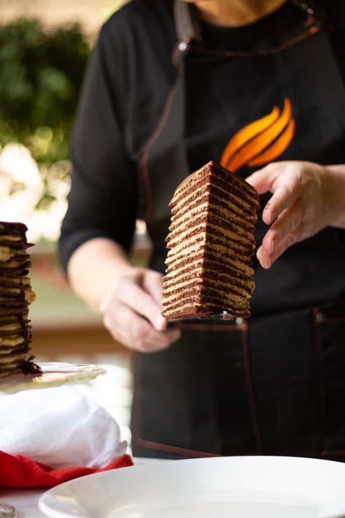 A Slice of a Layered Chocolate Cake with Peanut Butter Filling