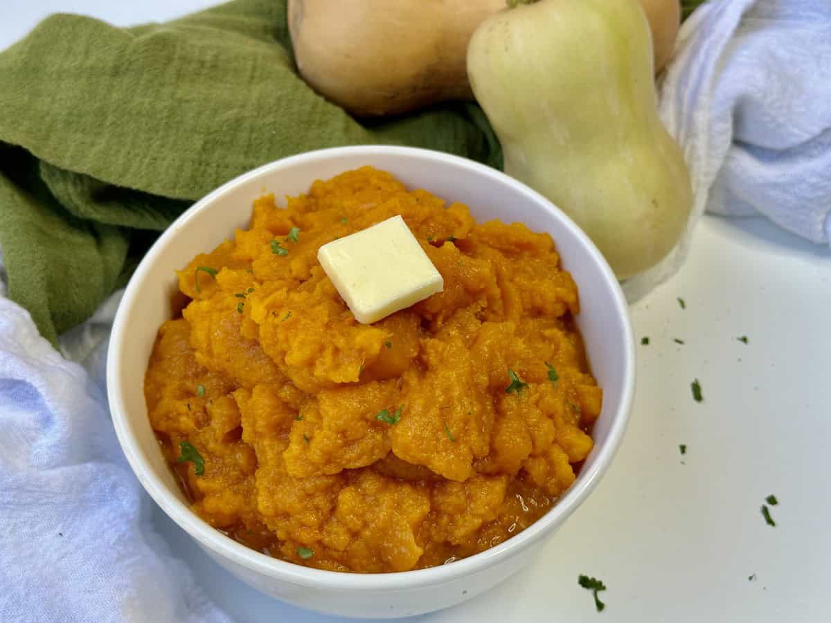 A large bowl of Mashed Butternut Squash