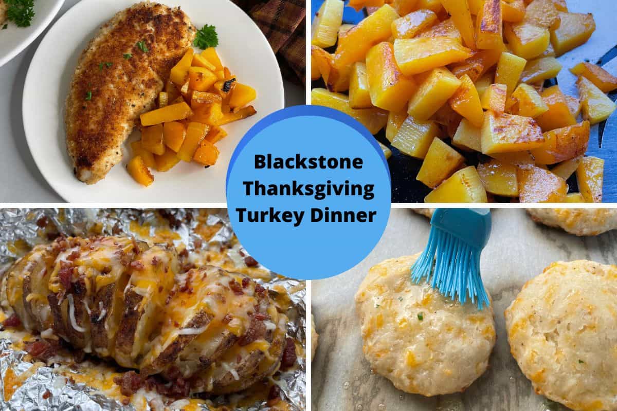 Blackstone Turkey Dinner Recipes - Turkey Cutlet, Squash, Hasselback Potato, and Biscuit with cheese.