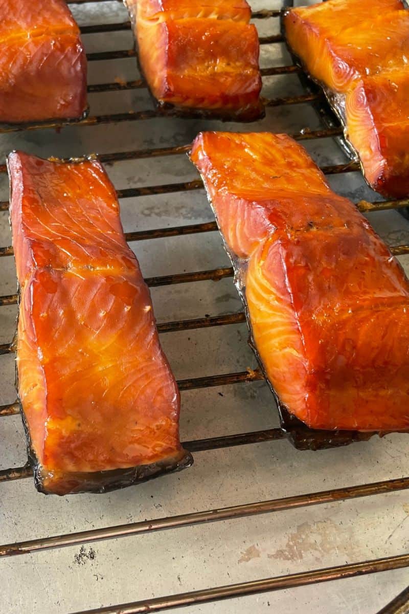 A Wire Rack with Hot Smoked Salmon Filets