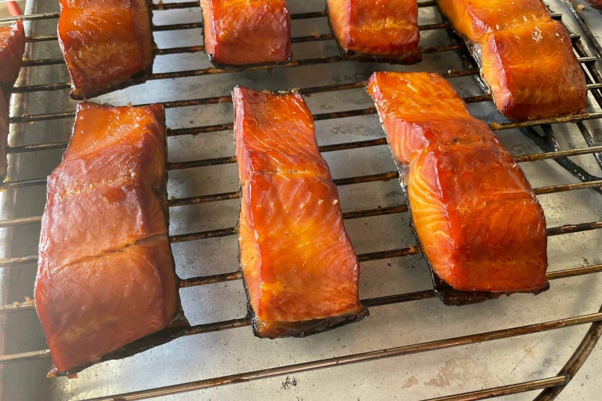 Hot Smoked Salmon Filets on a Wire Rack